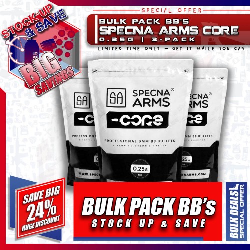 BULK DEALS: Specna Arms CORE 0.25g (3 PACK), Specna Arms CORE BB's are a cost-effective BB, designed to give excellent performance without breaking the bank